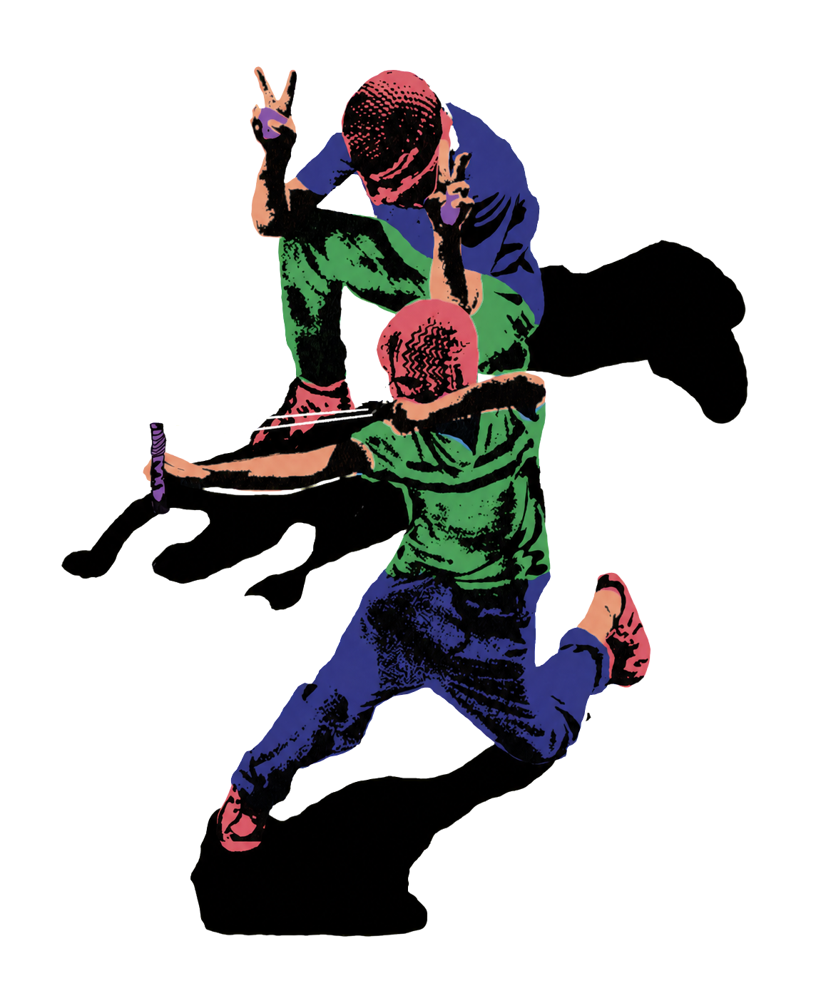 Three screen-printed figures in motion, one holding a slingshot